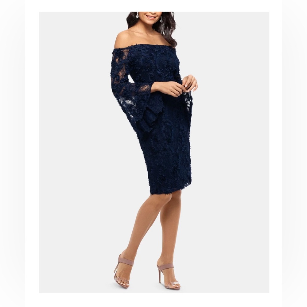 XSCAPE NAVY BLUE 3D LACE OFF THE SHOULDER ABOVE THE KNEE BODY CON DRESS SIZE 4